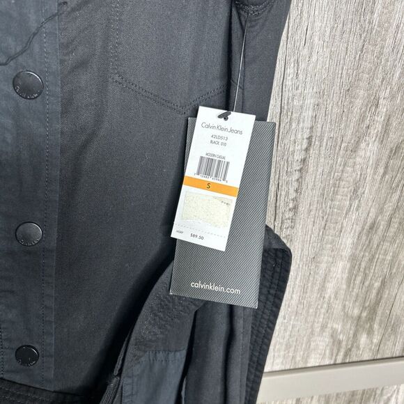 Calvin Klein Shirt Dress Snap Buttons V Neck Belt Patch Pockets Black Size S - Picture 2 of 10